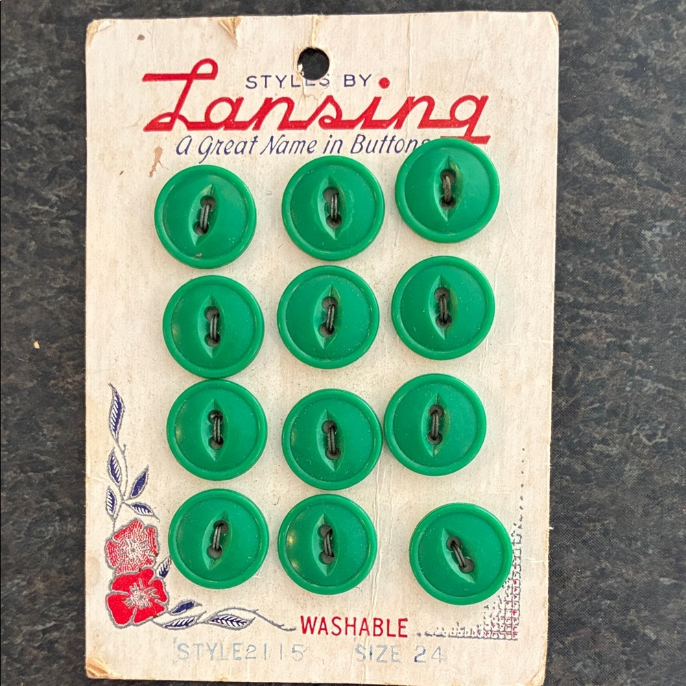 Vintage Lansing Green Plastic Buttons  2 Hole Set of 12 USA NEW